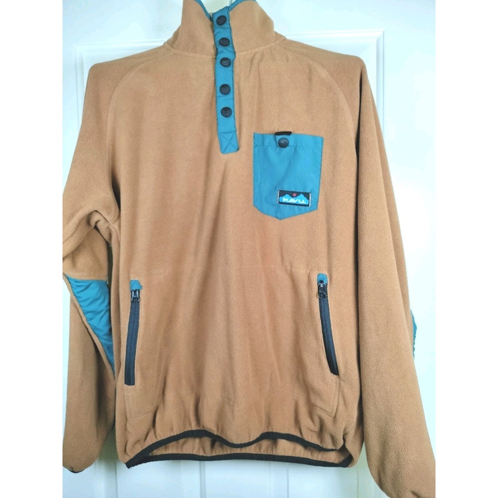 KAVU Fleece Pullover Mens Size Small Brown Teal Snap Mock Neck Outdoor Jacket